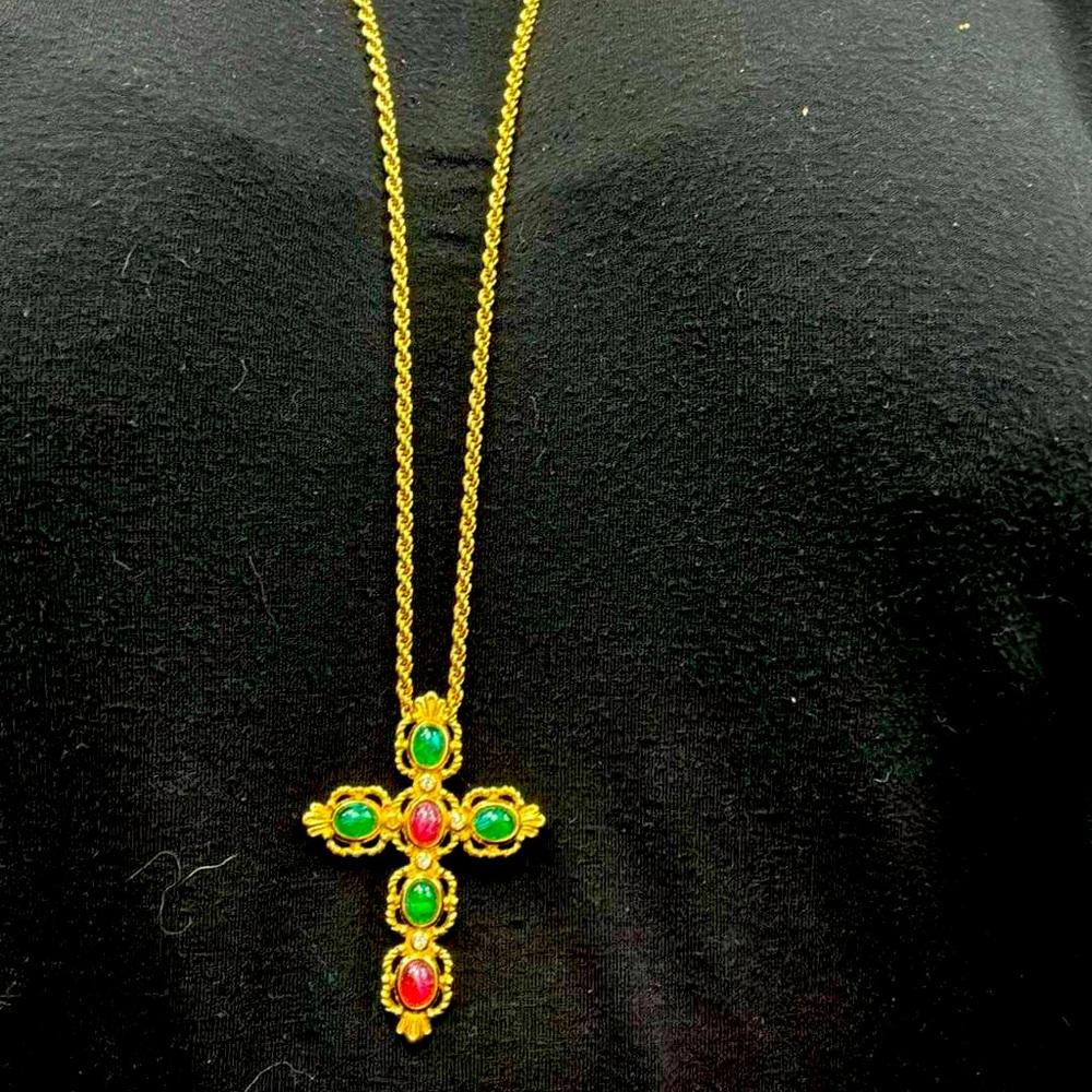 Christian Dior Vintage Jewelled Cross Pendant Necklace - Picture 1 of 5